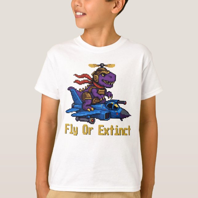 Fly Or Extinct Pixel Art Dinosaur Pilot Fighter Je T-Shirt (Vorderseite)