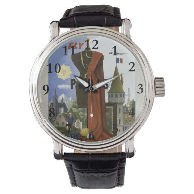 Fly Paris France Vintage Travel Poster Armbanduhr (Vorderseite)