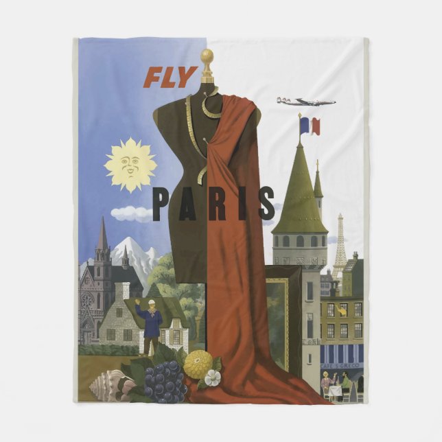 Fly Paris France Vintage Travel Poster Fleecedecke (Vorderseite)