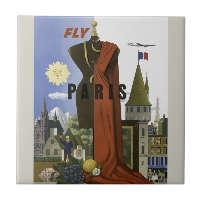 Fly Paris France Vintage Travel Poster Fliese (Vorderseite)