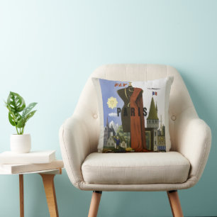 Fly Paris France Vintage Travel Poster Kissen