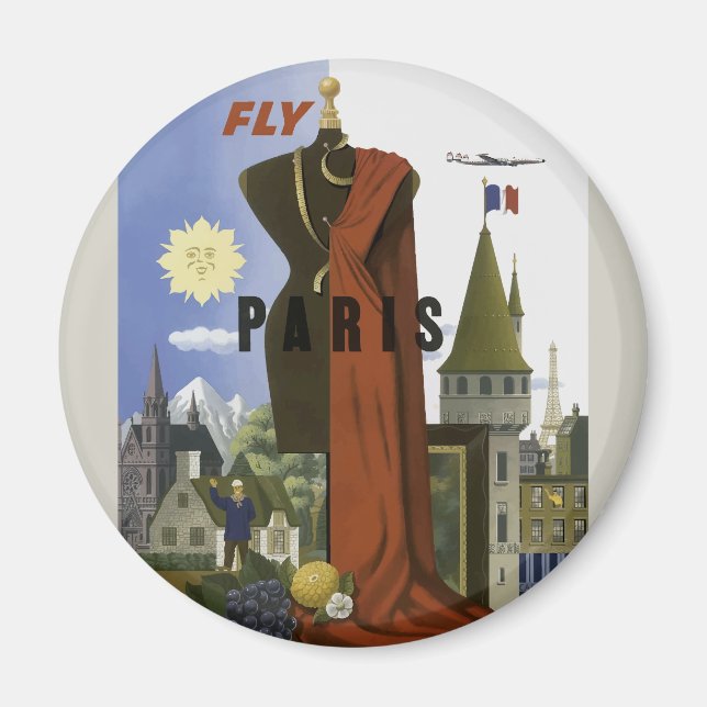 Fly Paris France Vintage Travel Poster Magnet (Vorne)