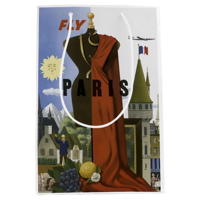 Fly Paris France Vintage Travel Poster Mittlere Geschenktüte (Vorderseite)