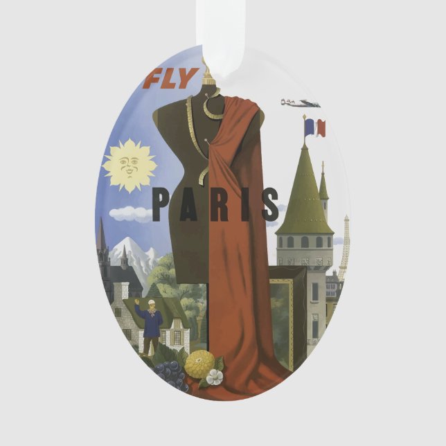 Fly Paris France Vintage Travel Poster Ornament (Vorderseite)