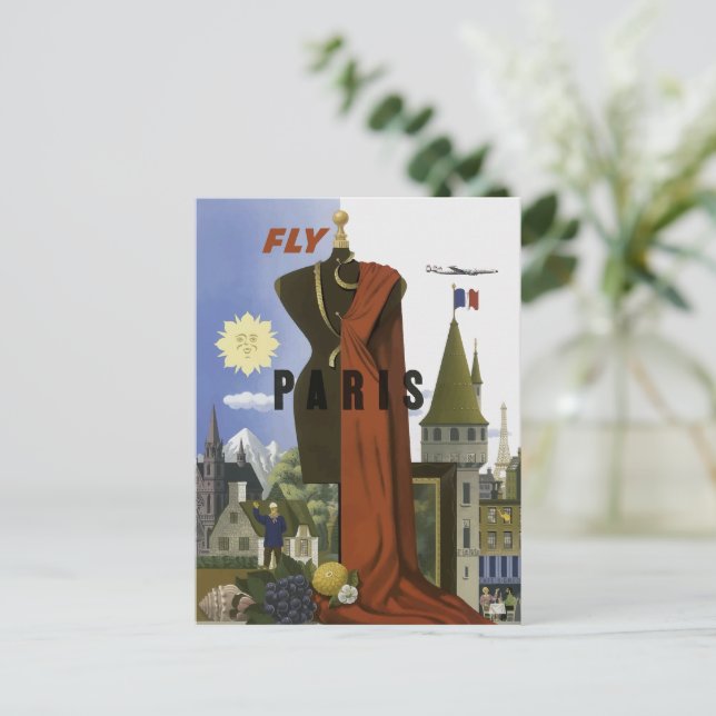 Fly Paris France Vintage Travel Poster Postkarte (Stehend Vorderseite)