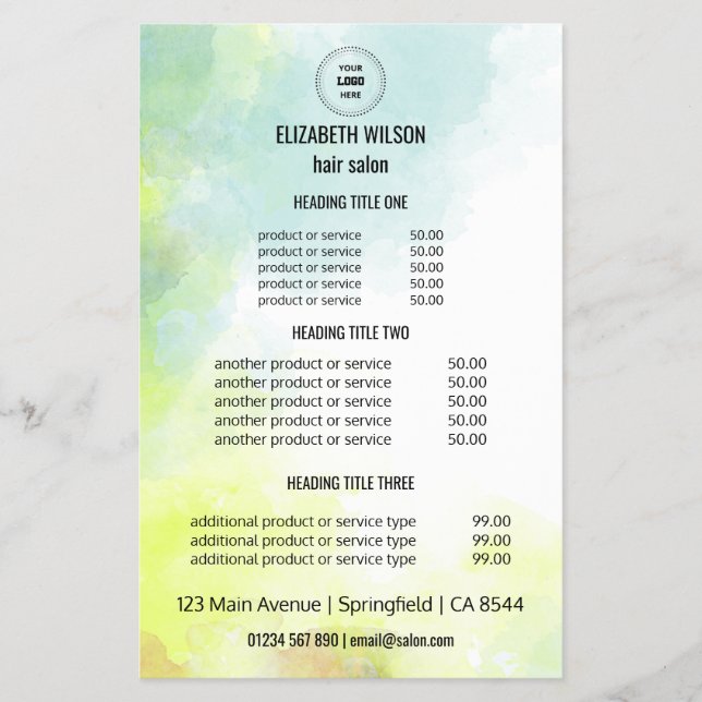 Flyer des Service-Menüs "Watercolor Hair Salon" (Vorne)