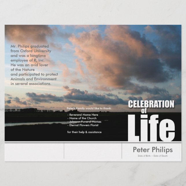Flyer des Tri-Fold Sunset Memorial Service-Program (Vorderseite)