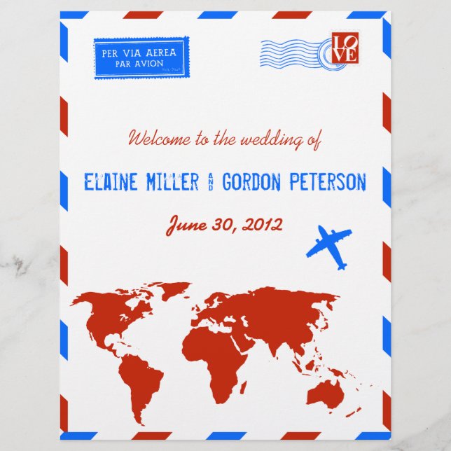 Flyer des Vintagen Air Mail-Hochzeitsprogramms (Vorderseite)