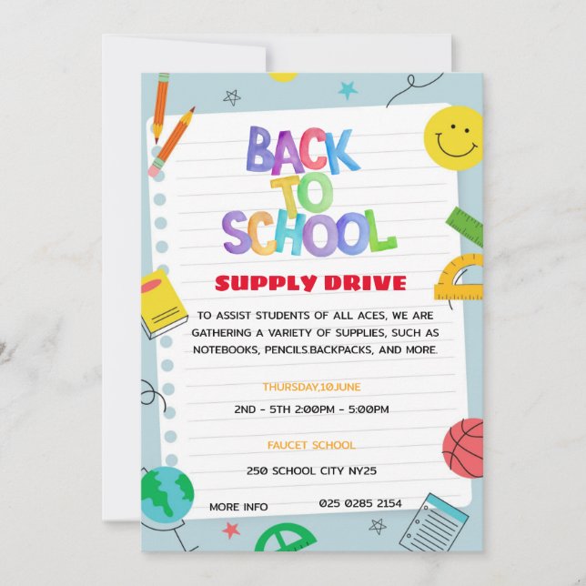 Flyer "Paper Back to School Supply Drive" Einladung (Vorderseite)