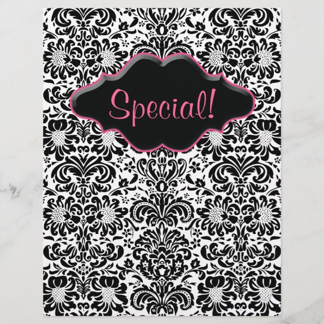 Flyer Salon Floral Damask Schwarz-weiß Rosa (Vorne)