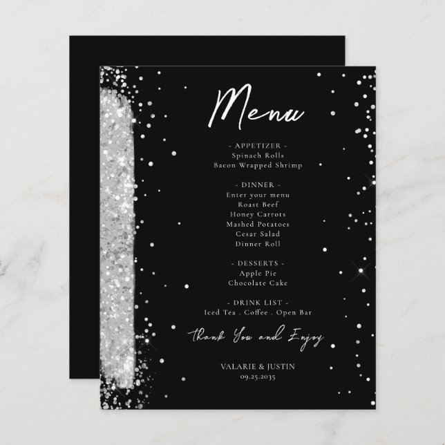 Flyer zum Hochzeitsmenü für Silver und Black Glitz (Vorne/Hinten)