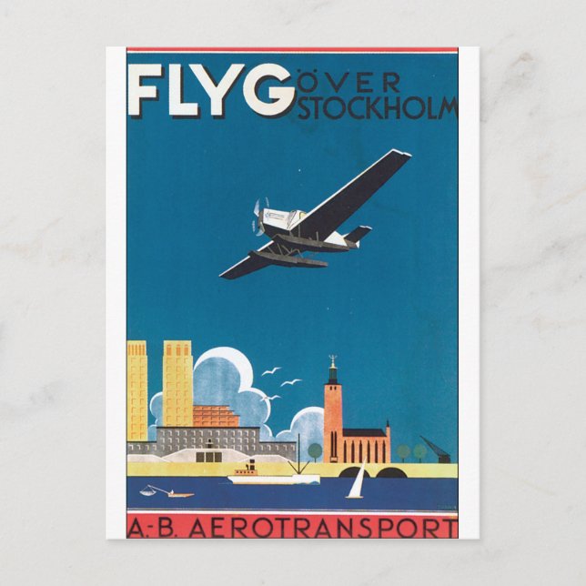 FlyG Over Stockholm Vintage Travel Poster Postkarte (Vorderseite)