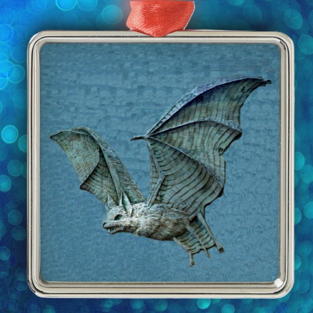 Flying 3D Blue Bat Silbernes Ornament (Spooky flying blue bat with white face on blue hanging Halloween ornament.)