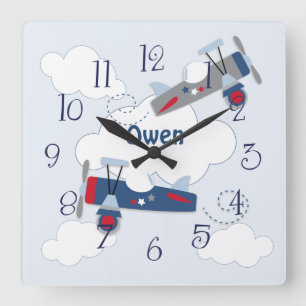 Flying Airplane Adventure Baby Boy Nursery Clock Quadratische Wanduhr