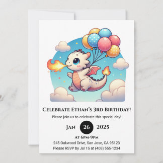 Flying Baby Dragon with Balloons Birthday Einladung