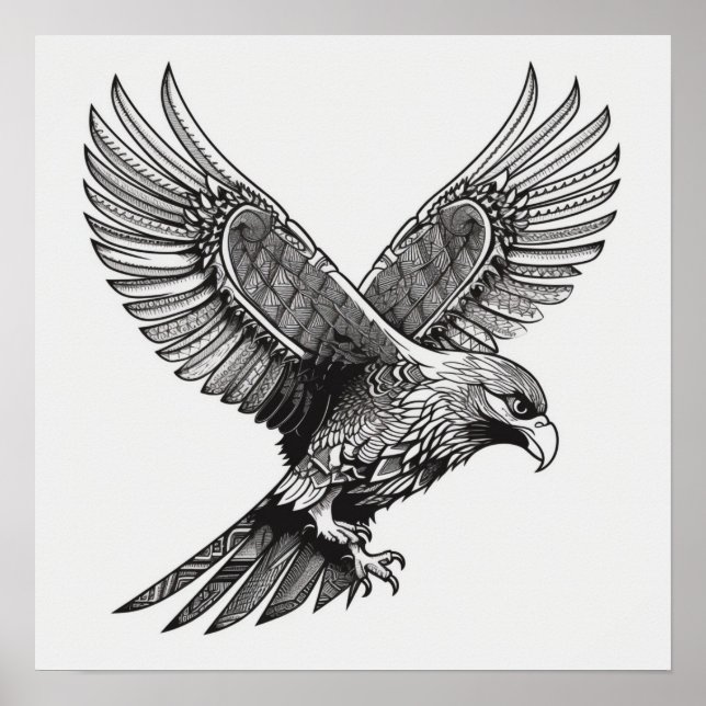 Flying Bald Eagle Black and White Art, Heavy Wings Poster (Vorne)