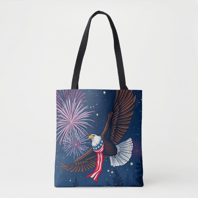 Flying Bald Eagle mit USA Flag Scarf & Fireworks (Vorderseite)