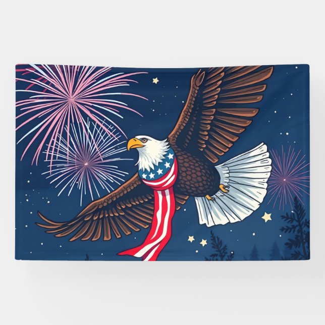 Flying Bald Eagle mit USA Flag Scarf & Fireworks Banner (Horizontal)