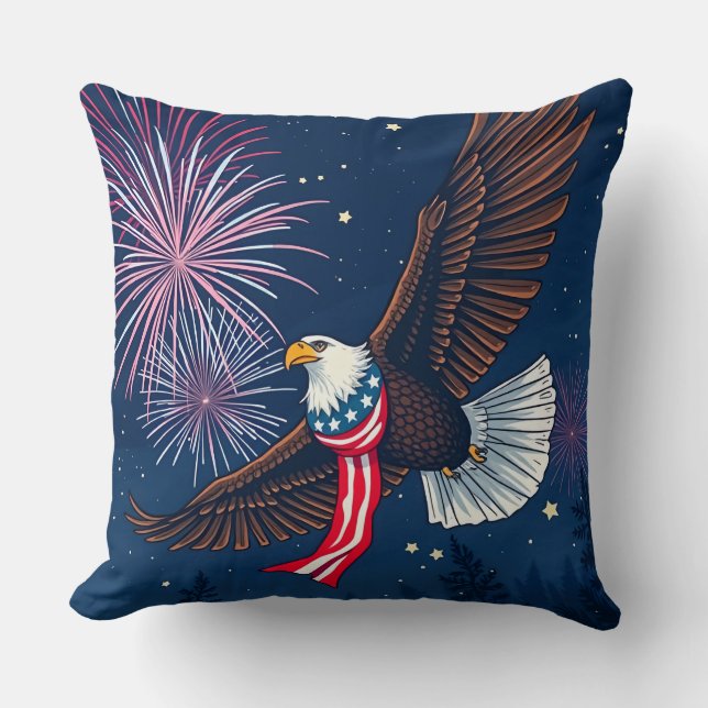 Flying Bald Eagle mit USA Flag Scarf & Fireworks Kissen (Vorderseite)