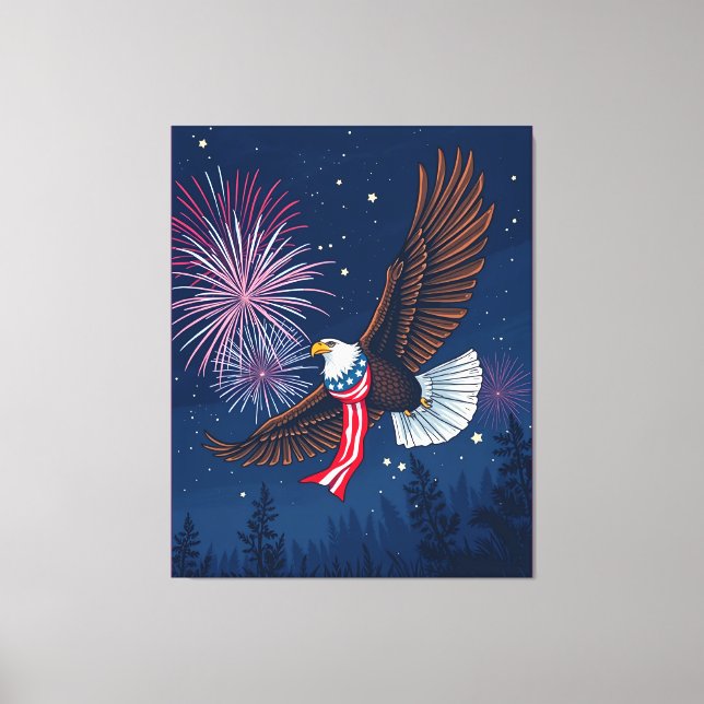 Flying Bald Eagle mit USA Flag Scarf & Fireworks Leinwanddruck (Vorderseite)
