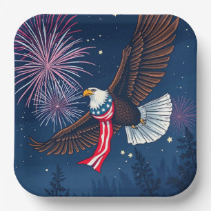 Flying Bald Eagle mit USA Flag Scarf & Fireworks Pappteller