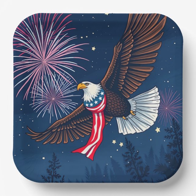 Flying Bald Eagle mit USA Flag Scarf & Fireworks Pappteller (Vorderseite)