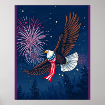 Flying Bald Eagle mit USA Flag Scarf & Fireworks