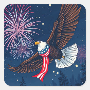 Flying Bald Eagle mit USA Flag Scarf & Fireworks Quadratischer Aufkleber