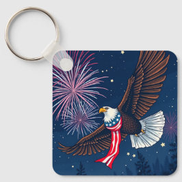 Flying Bald Eagle mit USA Flag Scarf & Fireworks Schlüsselanhänger