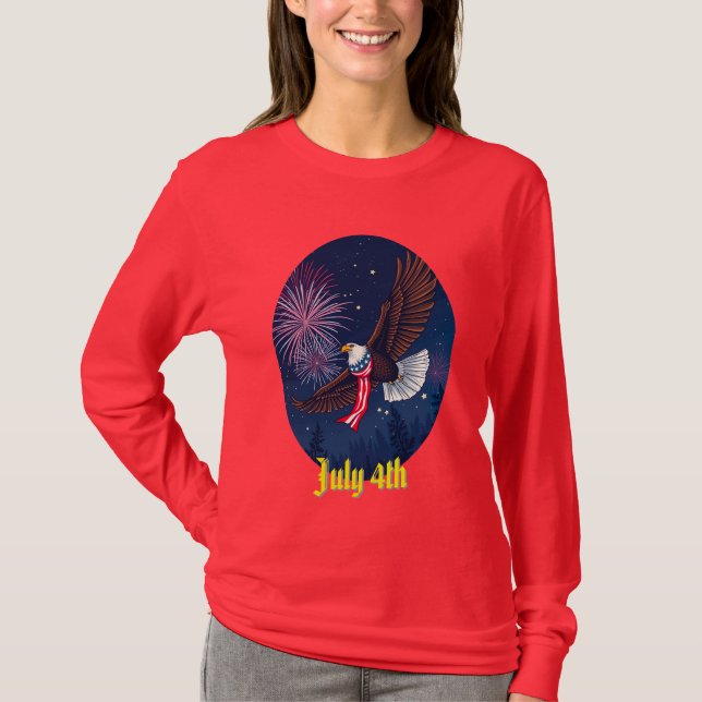 Flying Bald Eagle mit USA Flag Scarf & Fireworks T-Shirt (Vorderseite)