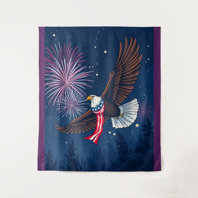 Flying Bald Eagle mit USA Flag Scarf & Fireworks Wandteppich (Vorderseite)