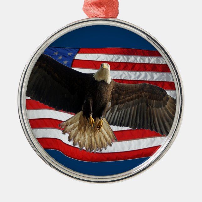 Flying Bald Eagle USA Patriotic Gift Silbernes Ornament (Vorne)
