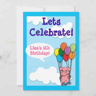 Flying Balloon Pig Children's Birthday Invite Einladung