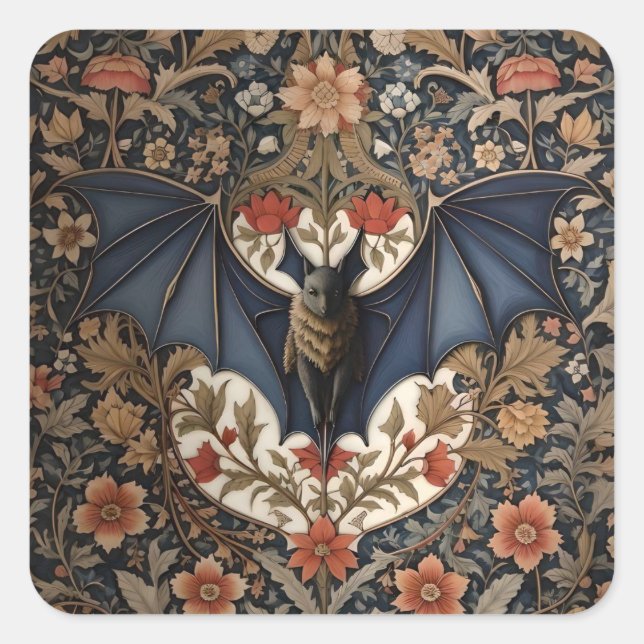 Flying Bat - Modern William Morris Floral Quadratischer Aufkleber (Vorderseite)