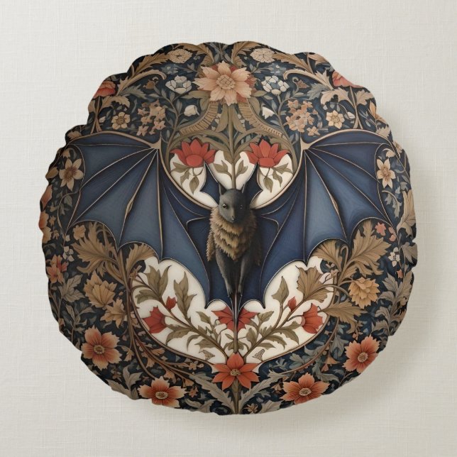 Flying Bat - Modern William Morris Floral Rundes Kissen (Vorderseite)