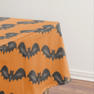 Flying Bats Black Orange Happy Halloween Print Tischdecke