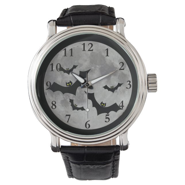 Flying Bats Men's Black Leather Strap Watch Armbanduhr (Vorderseite)