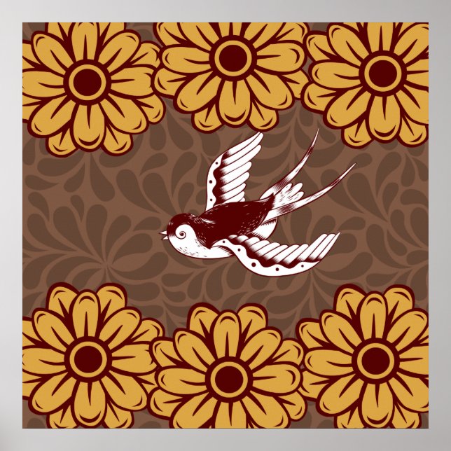 Flying Bird mit Blume Damask Muster Poster (Vorne)