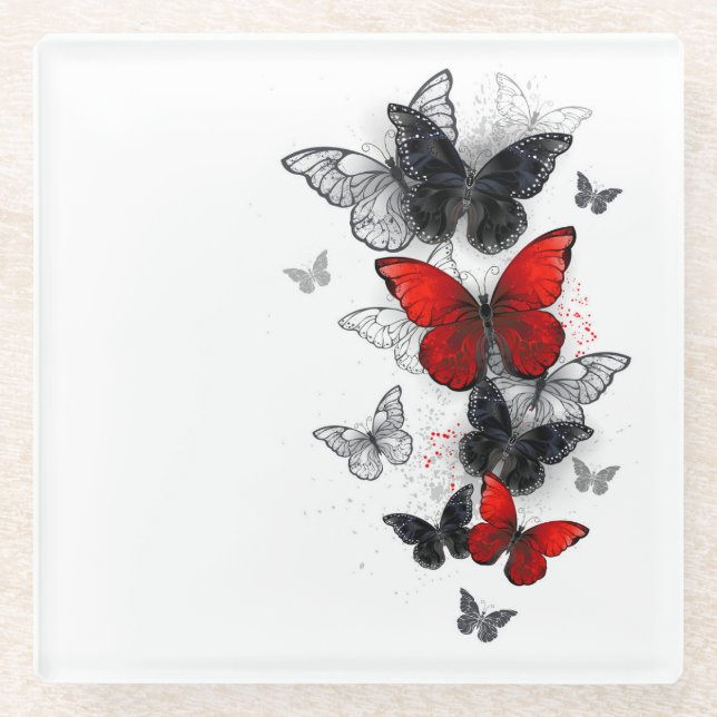 Flying Black and Red Morpho Butterfliegen Glasuntersetzer (Vorderseite)