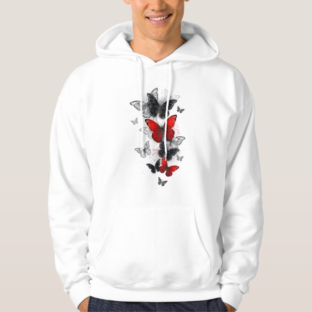 Flying Black and Red Morpho Butterfliegen Hoodie (Vorderseite)