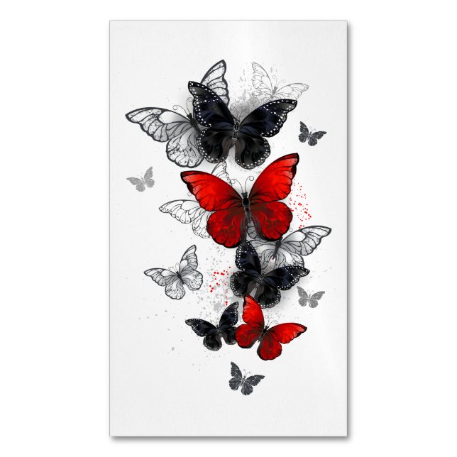 Flying Black and Red Morpho Butterfliegen Magnetische Visitenkarte (Vorderseite Vertikal)