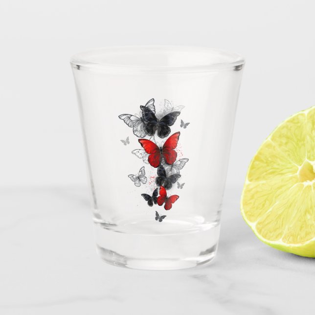 Flying Black and Red Morpho Butterfliegen Schnapsglas (Vorderseite)