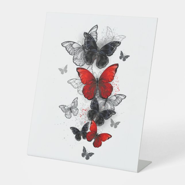 Flying Black and Red Morpho Butterfliegen Sockelschild (Vorderseite)