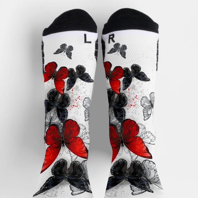 Flying Black and Red Morpho Butterfliegen Socken (Oben)