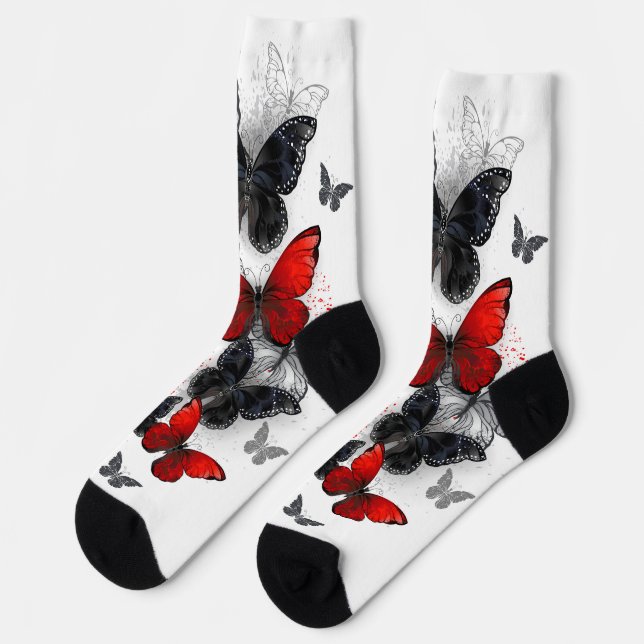 Flying Black and Red Morpho Butterfliegen Socken (Linkes Detail)