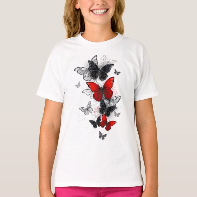 Flying Black and Red Morpho Butterfliegen T-Shirt (Vorderseite)