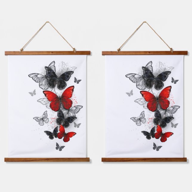 Flying Black and Red Morpho Butterfliegen Wandteppich Mit Holzrahmen (Doppelt)