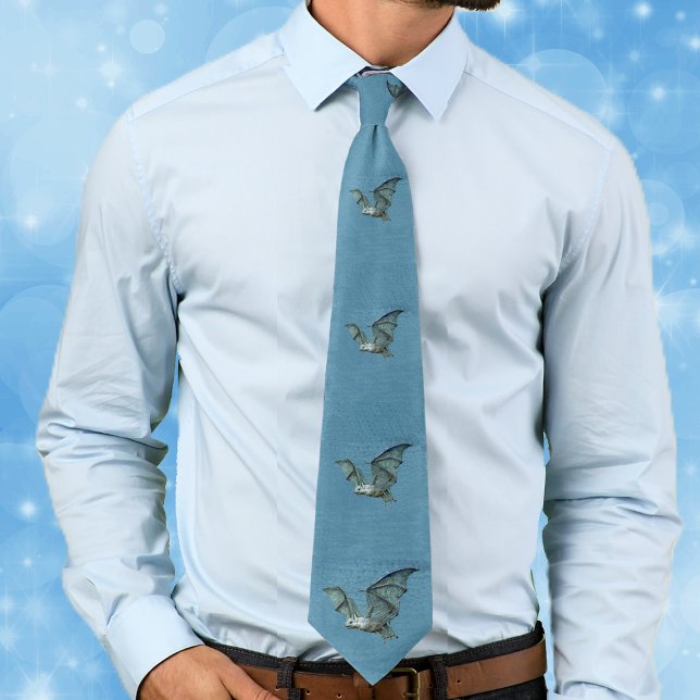 Flying Blue 3D Fledermaus Krawatte (Flying spooky blue bats with white faces on blue neck tie.)