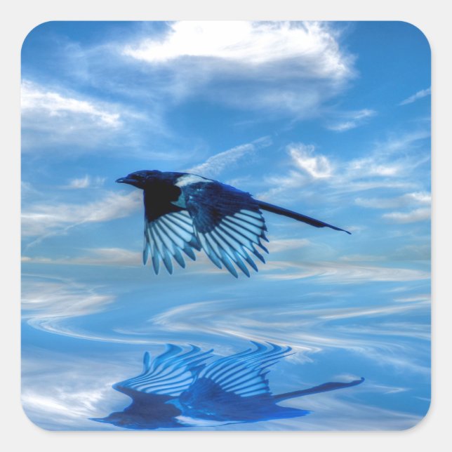 Flying Blue Magpie & Reflected Sky Quadratischer Aufkleber (Vorderseite)