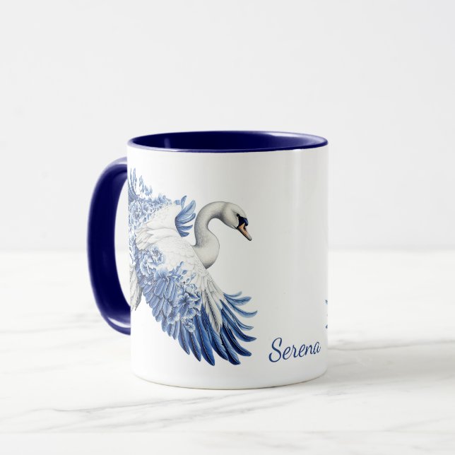Flying Blue Swan Floral Monogram Tasse (Vorderseite Links)